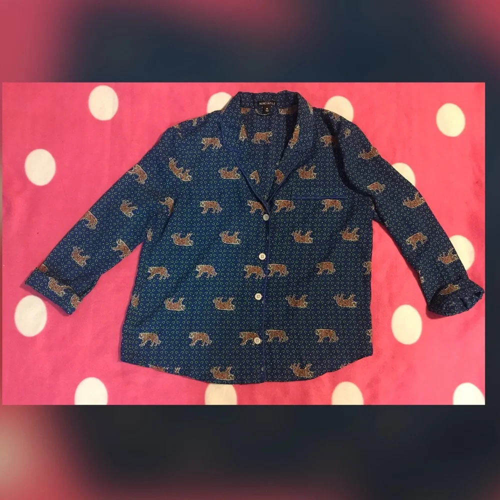 J. Crew Blue Printed Button-Up Blouse with Tan Accent